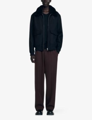Sandro Mens Black Shearling-collar Wool-blend Aviator Jacket In Black