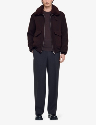 Sandro Mens Chocolate Shearling-collar Wool-blend Aviator Jacket In Black