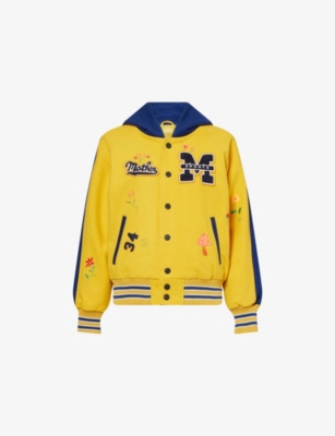 Mother Womens Drop Out The Split Hood Team Spirit Embellished Wool-blend Hoody Xs In Yellow