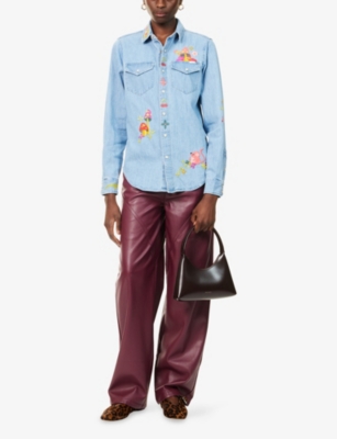 Mother Womens Cant Find My Classhroom The Honey Embroidered Denim Shirt Xs In Blue