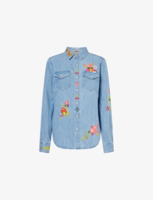 Mother Womens Cant Find My Classhroom The Honey Embroidered Denim Shirt Xs In Blue