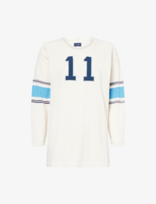 Mother Womens In The Zone The Jock Long-sleeves Cotton-blend Jumper In White
