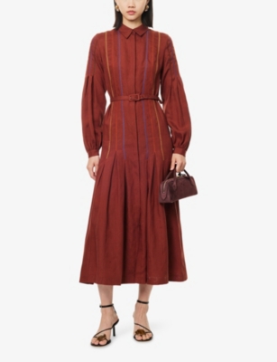 Gabriela Hearst Aleka Pleated Midi Shirtdress In Burnt Sienna Multi Aloe Linen In Brown