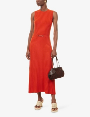 Gabriela Hearst Meier Belted Ribbed Wool And Cashmere-blend Midi Dress In Orange