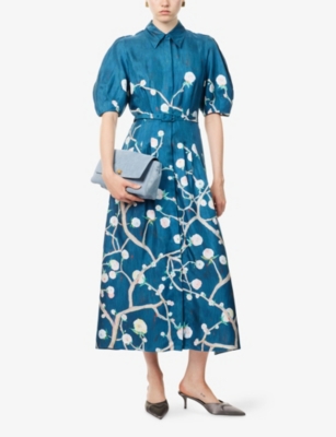 Gabriela Hearst Maude Pleated Midi Shirtdress In Blue Multi Printed Silk Twill