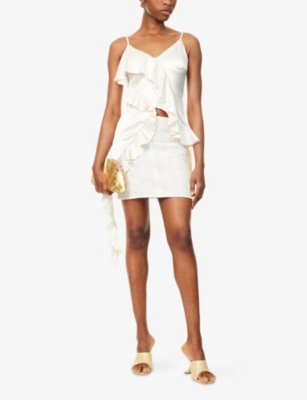 Amy Lynn Womens Flavia Ruffle Satin Top Ecru In White