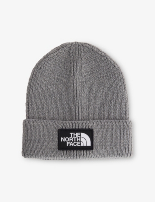 The North Face Mens Tnf Medium Grey Heather Logo Box Ribbed Stretch-woven Beanie In Gray