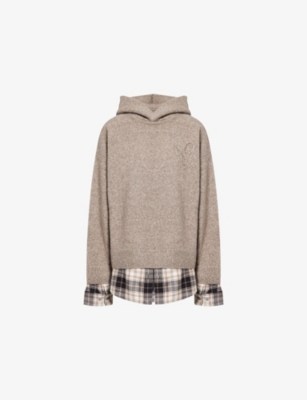 Acne Studios Womens Beige Melange Contrast-check-print Relaxed-fit Wool-blend Hoodie Xs In Neutral