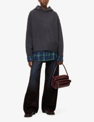 Acne Studios Womens Graphite Grey Contrast-check-print Relaxed-fit Wool-blend Hoodie In Brown