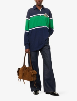 Acne Studios Womens Navy Green Stripe-print Brand-embroidered Cotton-jersey Polo Sweatshirt Dress In Multi