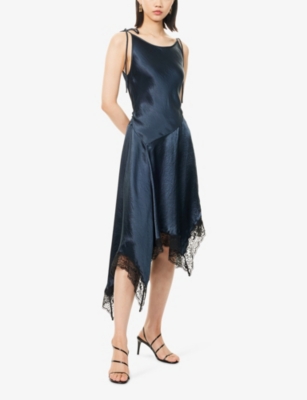 Acne Studios Womens Petrol Blue Asymmetric Lace-trim Satin Midi Dress In Blue
