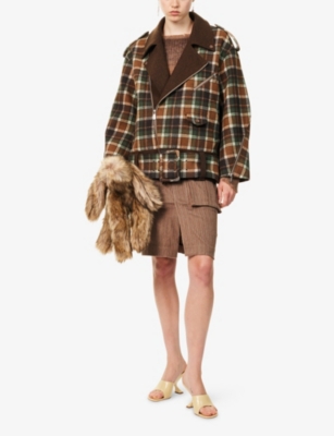 Oude Waag Omens Checked Biker Wool-blend Jacket Brown Green Check In Brown