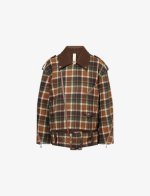 Oude Waag Omens Checked Biker Wool-blend Jacket Brown Green Check In Brown