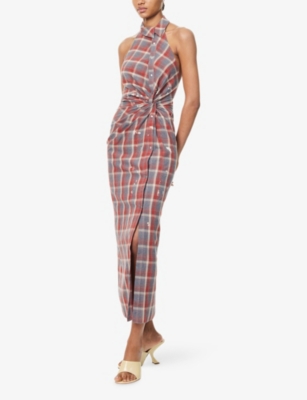 Oude Waag Omens Blue Date Check Twisted Check-print Cotton-poplin Midi Dress Xs In Orange