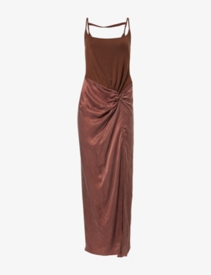 Oude Waag Omens Reddish Brown Draped Shoulder-straps Woven Midi Dress In Brown