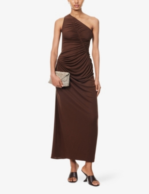 Oude Waag Omens Reddish Brown Venus One-shoulder Knitted Maxi Dress Xs In Brown