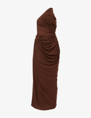Oude Waag Omens Reddish Brown Venus One-shoulder Knitted Maxi Dress Xs In Brown
