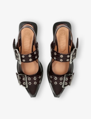 Ganni Womens Wine Buckle Ballerinas Faux Patent-leather Flat Shoes Eur 38/5 Uk In Burgundy