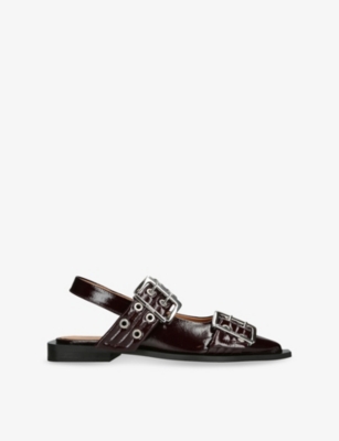 Ganni Womens Wine Buckle Ballerinas Faux Patent-leather Flat Shoes Eur 38/5 Uk In Burgundy
