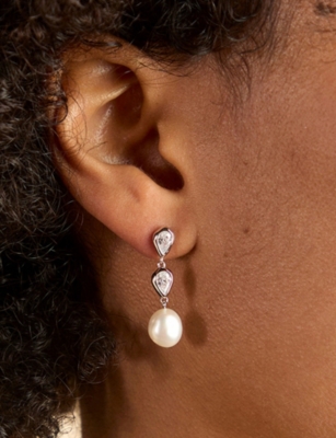 ASTRID & MIYU: Pear Bezel Pearl Rhodium Plated Sterling-Silver And Cubic Zirconia Drop Earrings