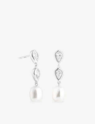 ASTRID & MIYU: Pear Bezel Pearl Rhodium Plated Sterling-Silver And Cubic Zirconia Drop Earrings