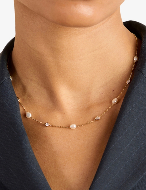 Rhodium-Plated Sterling-Silver, Freshwater-Pearl and Zirconia Charm Necklace