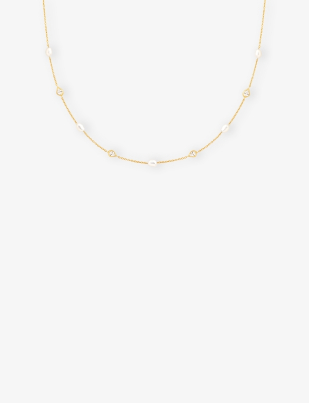 Rhodium-Plated Sterling-Silver, Freshwater-Pearl and Zirconia Charm Necklace