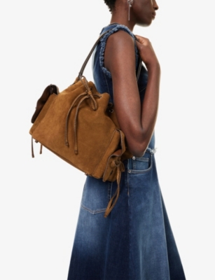 Acne Studios Womens Cognac Brown Multi-pocket Mini Suede Bucket Bag In Brown