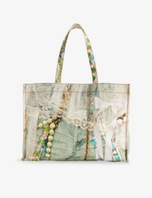 Acne Studios Womens White/green Logo-embroidered Denim Tote Bag