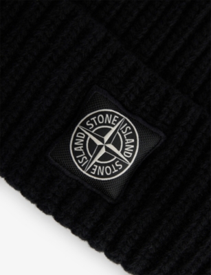 Stone Island Mens Black Brand-patch Wool Beanie Hat In Black