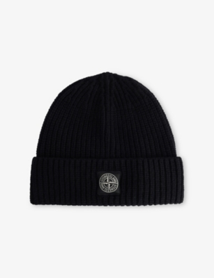 Stone Island Mens Black Brand-patch Wool Beanie Hat