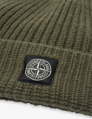 Stone Island Mens Green Brand-patch Ribbed Wool Beanie In Green