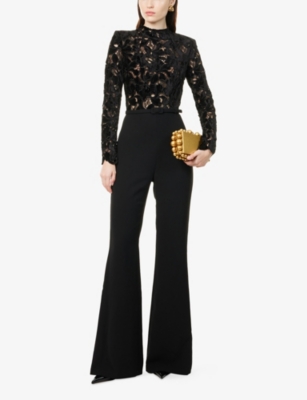 Nadine Merabi Womens Black Eleanor Floral Velvet Jumpsuit In Black