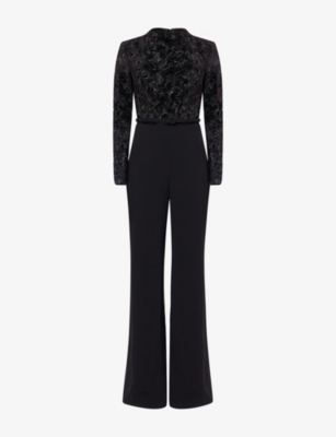 Nadine Merabi Womens Black Eleanor Floral Velvet Jumpsuit In Black