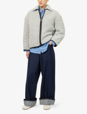 Jw Anderson Mens Light Grey Melange Contrast-trim Relaxed-fit Knitted Wool-blend Jacket In Gray