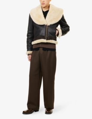 Jw Anderson Mens Dark Brown Oversized-collar Sheepskin Leather Aviator Jacket In Brown