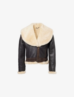 Jw Anderson Mens Dark Brown Oversized-collar Sheepskin Leather Aviator Jacket In Brown