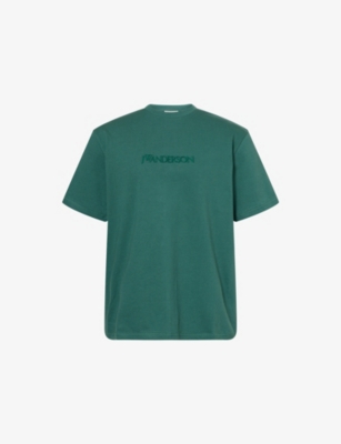 Jw Anderson Mens Dark Green Embossed Logo-embroidery Crewneck Cotton T-shirt