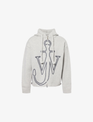 Jw Anderson Mens Light Grey Melange Anchor Zip-up Knitted Wool Hoody Xl In Gray