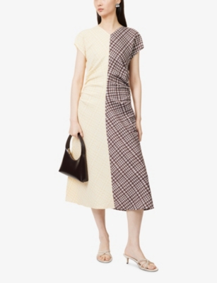 Stine Goya Womens Brown And Yellow Checks Checked Ruched Stretch-woven Midi Dress In Multi