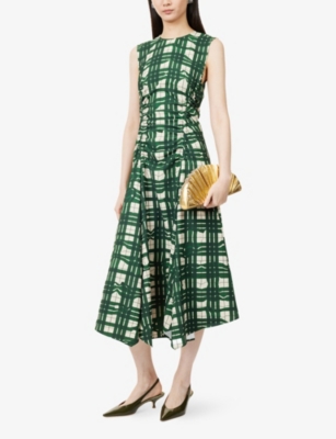 Stine Goya Womens Checkered Wave Checked Gathered Stretch-woven Midi Dress In Green