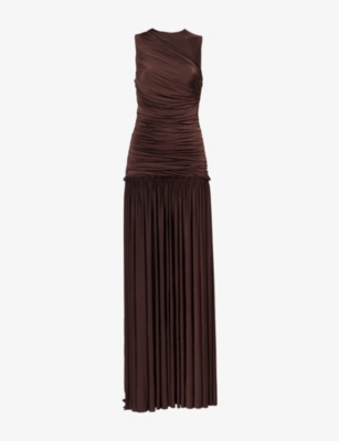Siedres Womens Dark Brown Alina Ruched Jersey Maxi Dress In Brown