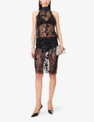 Siedres Womens Black Estelle Floral-embellished Sheer Midi Skirt In Black