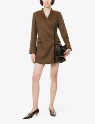 Pretty Lavish Womens Khaki Brown Iris Wrap-front Stretch-woven Mini Dress In Brown