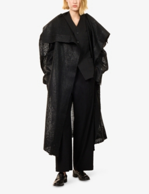 Issey Miyake Womens Black Shawl-collar Pressed Wool-blend Coat In Black