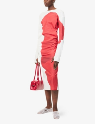 Issey Miyake Womens Red Knit (as Represented) Long-sleeve Cotton-blend Maxi Dress In Multi