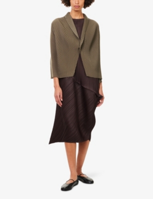 Issey Miyake Womens Khaki Soft Fold Pleats Shawl-collar Knitted Top In Brown