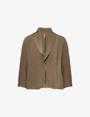 Issey Miyake Womens Khaki Soft Fold Pleats Shawl-collar Knitted Top In Brown