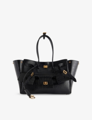 Balenciaga Womens Black Bell Air Medium Crocodile-embossed Leather Tote Bag