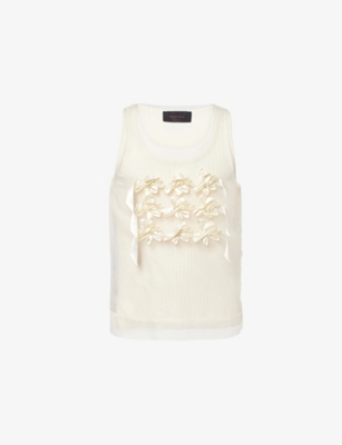 Simone Rocha Mens Ivory/ivory Ribbon Daisy Layered Silk And Ribbed Cotton Vest In White